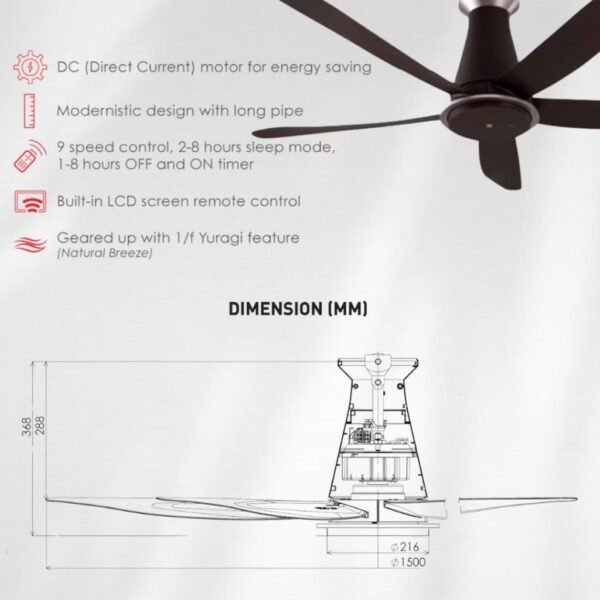 KDK KAZE (K15YX-RBR) FAN 60" LONG ROD (BLK)