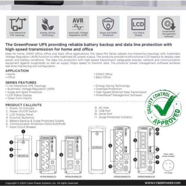 CYBERPOWER VO1600EILCD 1600VA/960W TOWER UPS