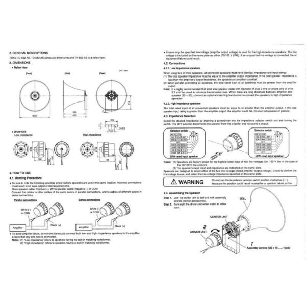 TOA TH-652 & TU652M REFLEX HORN SPEAKER 50W 70V/100V